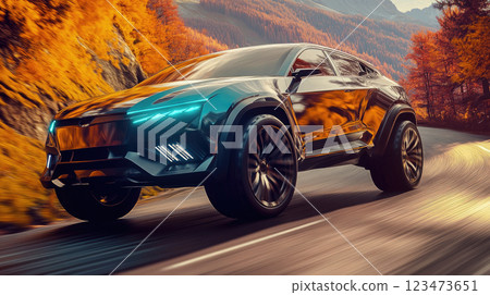Futuristic SUV vehicle painted in a metallic color driving down mountain road on autumn season. 123473651