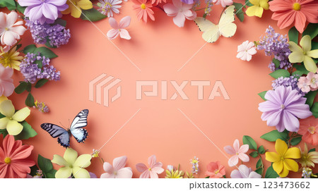 Summer floral frame with colored flowers, green leaves and flying butterflies on a color background. Copy space. 123473662