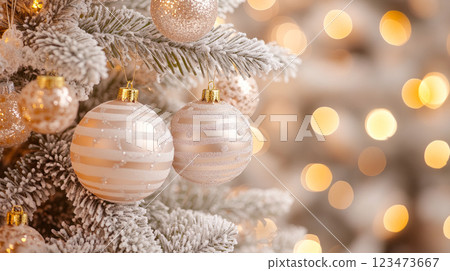 Christmas and New Year festive background with frosty Christmas tree and decorations. 123473667