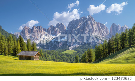 Panoramic landscape view of the wooden barn, mountains and green  forest. 123473683