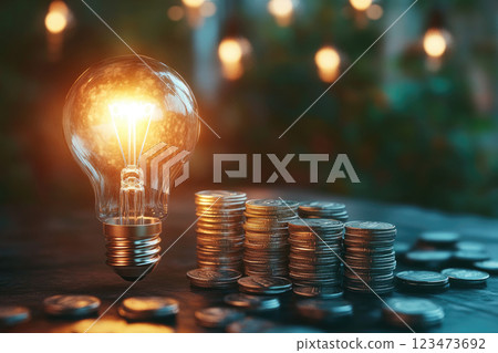 A glowing light bulb placed next to stacks of coins. 123473692