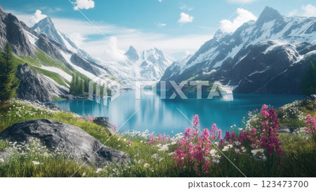 Panoramic landscape view of the mountains and lake with a blue water. 123473700