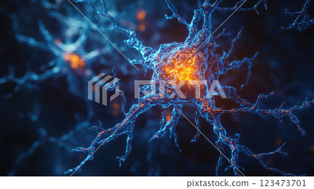 Brain cells, firing neurons on dark background, nervous system. Research of the human nerve network. 123473701