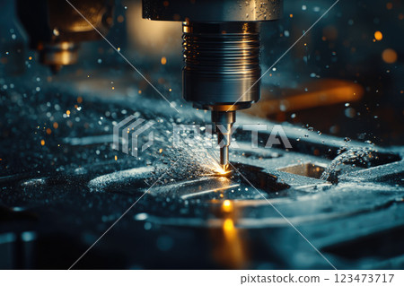 CNC milling machine during operation. Produced milling parts with a supply of cooling lubricants. 123473717