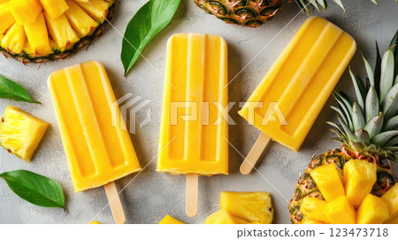 Fresh pineapple yellow popsicles on a grey stone background. Top view. 123473718