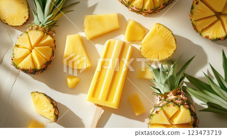 Fresh pineapple yellow popsicles on a white stone background. Top view. 123473719