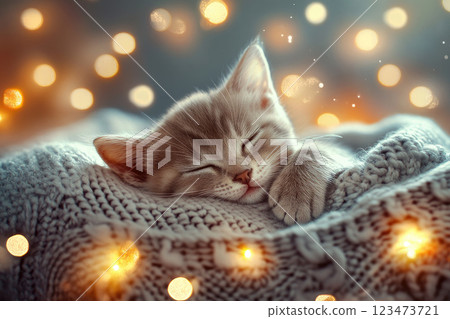 A  kitten sleeping on warm sweater with twinkling lights adding warmth to the scene, Christmas theme. 123473721