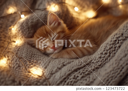 A  little kitten sleeping on warm sweater with twinkling lights adding warmth to the scene 123473722