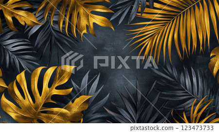 A beautiful background with gold and black tropical leaves. Copy space. 123473733