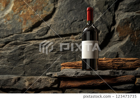 A wine bottle is placed on a rock, copy space. 123473735