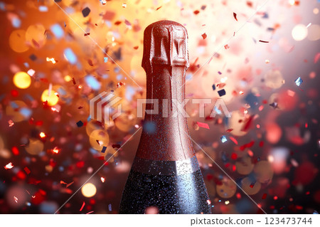 Creative image of champagne bottle with confetti on a dark background. Christmas, anniversary, new year celebration . 123473744