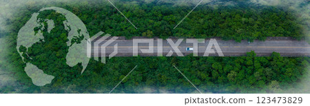 Forest road with Layout of earth planet on through forest. 123473829