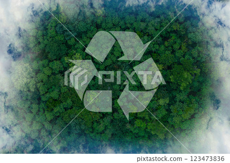 Recycle symbol on the forest background . Ecological concept. Ecology. Recycle symbol on the forest background . Ecological concept. Ecology. 123473836