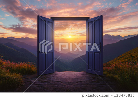 An open door with a view of the beautiful sunset on a mountains. 123473935