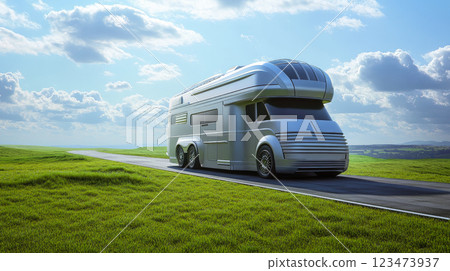 Futuristic heavy-duty truck converted into a electric motorhome. Ecological travel concept . 123473937