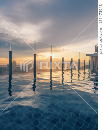Stunning sunset view from a pool overlooking a city skyline with skyscrapers and mountains at dusk 123473948