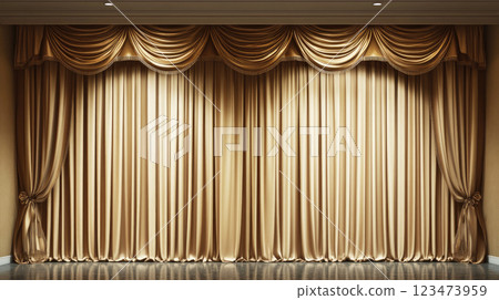 Empty theater stage with golden curtains. 123473959
