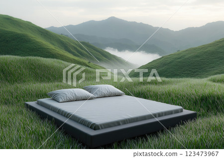 A double bed in the middle of grassy hills with foggy mountains. Sleeping outside in a wild nature. 123473967