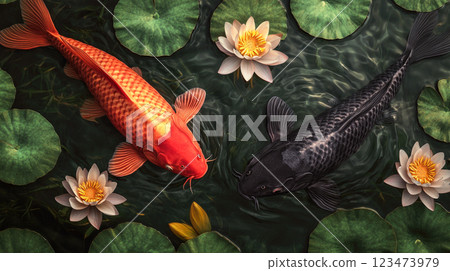A red and a black carp swimming in the water with a lotus flowers. 123473979