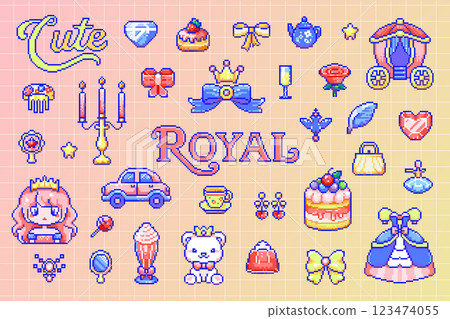 Royal Pixel Art Designs and Patterns with Cartoon Princess Elements and Cute 8 Bit Retro Pastel Aesthetic, Cute pixel art princess and royal icons collection Royal Pixel Art Designs and Patterns with Cartoon Princess Elements and Cute 8 Bit Retro Pastel Aesthetic, Cute pixel art princess and royal icons collection 123474055