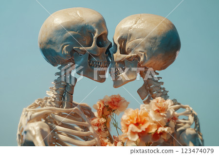 Human skull lovers kissing. Pair of skeleton kissing, endless love concept. 123474079