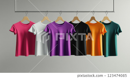 Hanger with six colorful of t-shirts on hanging. Hanger with six colorful of t-shirts on hanging. 123474085