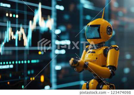 Robot AI trader analysing chart of stock exchange market. Bot trader developing trading strategy on stock exchange market. 123474098