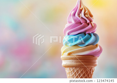 A wafer cone with different layers of colors ice cream, close-up view. A wafer cone with different layers of colors ice cream, close-up view. 123474145