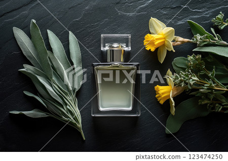 A fragrance bottle surrounded by flowers and plants on a dark background. Top view. A fragrance bottle surrounded by flowers and plants on a dark background. Top view. 123474250