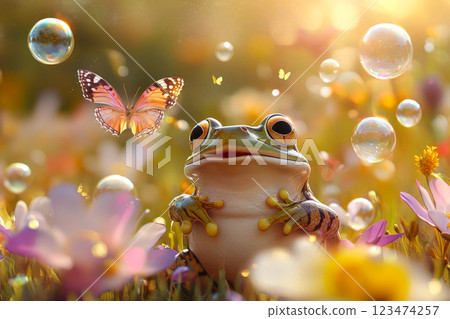 Cute frog is having fun in the sunny field with flowers, bubbles and butterflies. Cute frog is having fun in the sunny field with flowers, bubbles and butterflies. 123474257