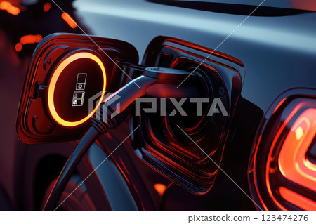 Closeup EV charger handle plugged in to electric car, recharging EV car battery with alternative and sustainable energy with zero CO2 emission. Closeup EV charger handle plugged in to electric car, recharging EV car battery with alternative and sustainable energy with zero CO2 emission. 123474276