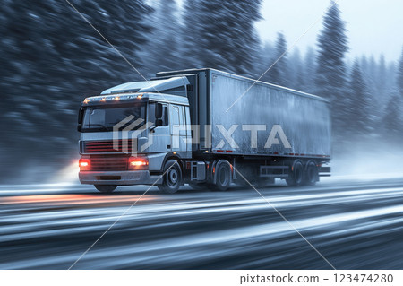 Refrigerated truck driving on high speed on a winter road. 123474280