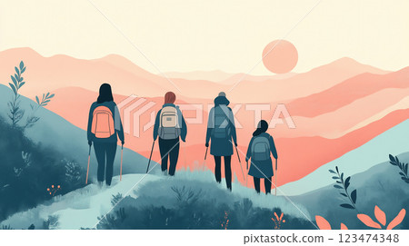 一位女性徒步旅行者觀看日落的插圖 123474348