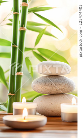 Stacked zen stones with burning candles and green bamboo stalks on a wooden surface, creating a peaceful and relaxing atmosphere for meditation, spa, and wellness. Stacked zen stones with burning candles and green bamboo stalks on a wooden surface, creating a peaceful and relaxing atmosphere for meditation, spa, and wellness. 123474403
