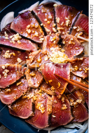 Fresh seared bonito on a plate 123474872