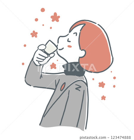 一位女士用清酒杯喝清酒並感覺良好的插圖 123474888