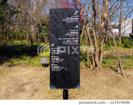 A signboard located on the grounds of the National Stadium showing the distance and directions to nearby stations. A signboard located on the grounds of the National Stadium showing the distance and directions to nearby stations. 123474896