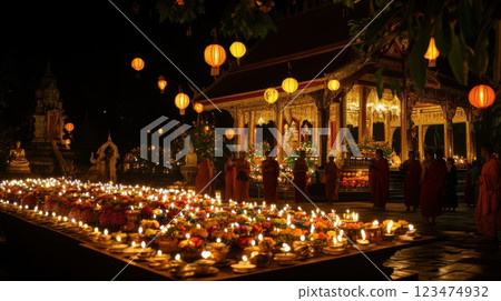 Buddhist temple illuminated with vibrant lanterns and flowers during Vesak celebration, monks and worshippers praying, offering flowers, and lighting candles in a serene atmosphere. 123474932