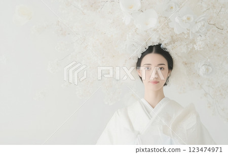 象徵春天的櫻花和穿著日本傳統服裝的女性 123474971