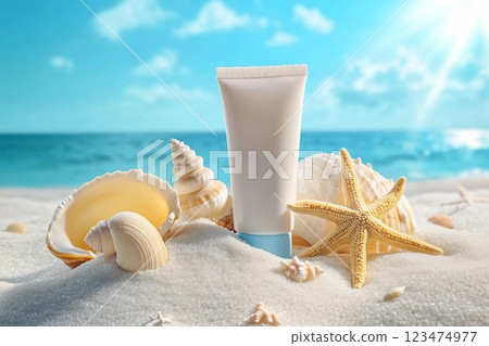 An unlabeled cosmetic tube decorated with starfish and shells on a white sand background. Beach scene for cosmetics advertisement with sunlight. 123474977