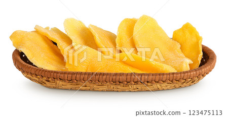 dried mango in a wicker basket isolated on white background 123475113