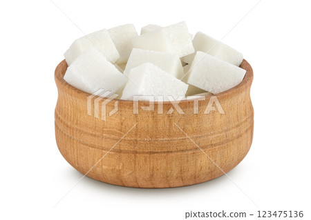 Sugar cubes in a wooden bowl isolated on white background Sugar cubes in a wooden bowl isolated on white background 123475136