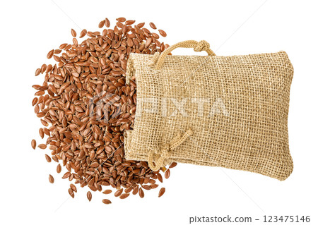 flaxseed in a bag isolated on white background. Top view. Flat lay flaxseed in a bag isolated on white background. Top view. Flat lay 123475146