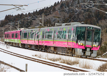 雪地幸福線福井幸福色特別混合4節車廂列車,細木站,HF02,HF10列車 雪地幸福線福井幸福色特別混合4節車廂列車,細木站,HF02,HF10列車 123475252