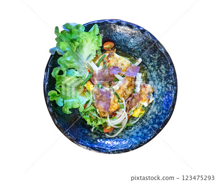 Bacon spicy salad with crispy eggs 123475293