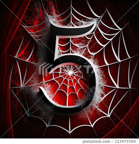 spider web with number five on red background, 3d illustration 123475504