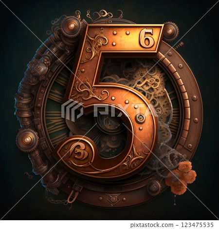 number five with gears and cogs on a dark background. 3d illustration 123475535