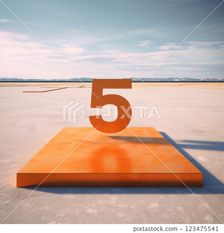 Orange number five on a platform in the desert. 3d rendering Orange number five on a platform in the desert. 3d rendering 123475541