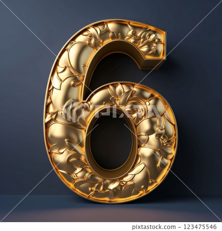 Vector golden number 6 on dark background. 3d rendered font. Vector golden number 6 on dark background. 3d rendered font. 123475546
