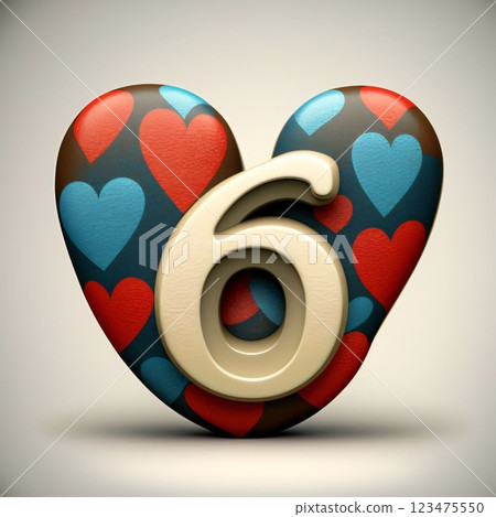 Number 6 in heart shape isolated on white background. 3d render 123475550